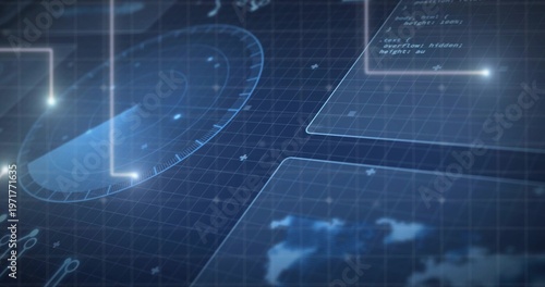 Displaying futuristic HUD showing radar dial, overlay panels, grid, glowing nodes on dashboard