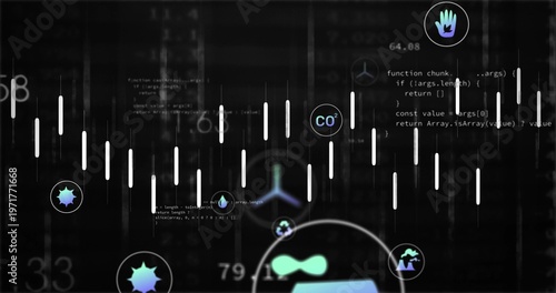 Displaying band of vertical white bars pulsing across dark HUD, with CO2 and recycling icons