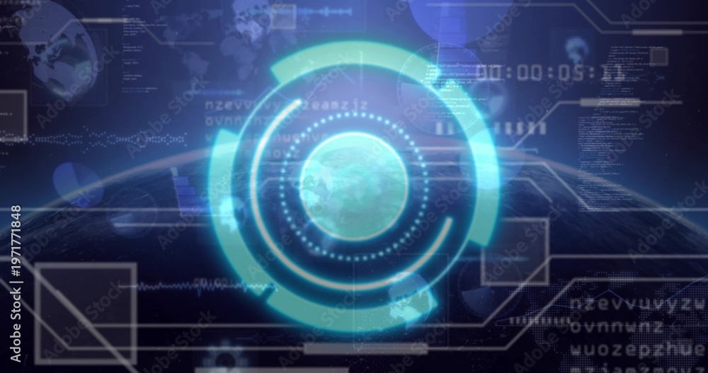 Fototapeta premium Projecting holographic HUD hovering over orbital limb, showing globe, concentric rings, data panels