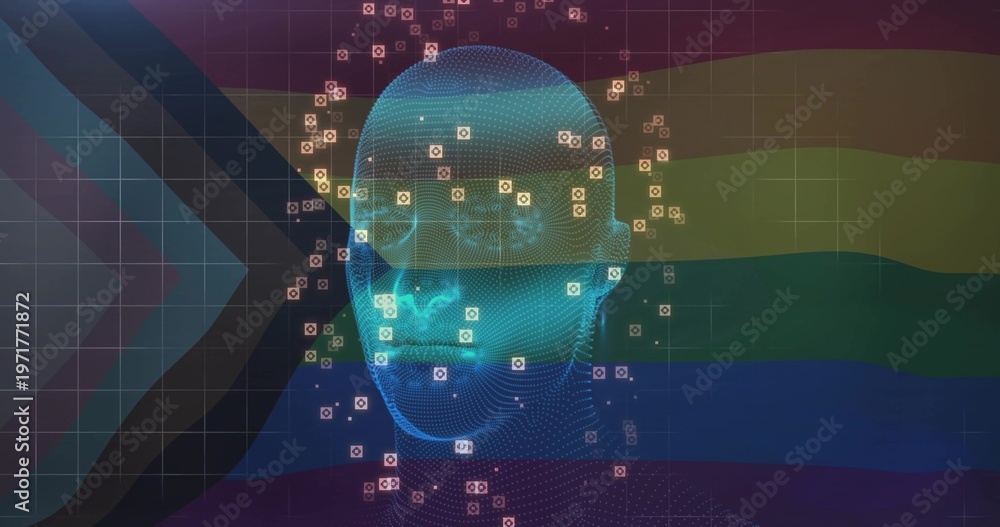 Obraz premium Displaying cyan wireframe head centered on rainbow flag backdrop, left chevron, grid, markers