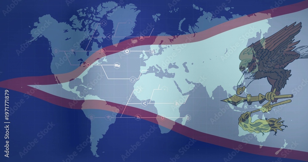 Fototapeta premium Showing pale world map on dark grid in graphic, with flag-ribbon nodes, emblem holding spear-torch
