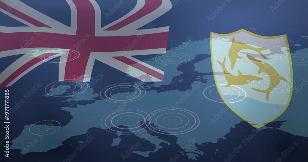 Fototapeta premium Showing Europe outline map graphic with Union Jack upper-left 3-dolphin golden shield right ripples