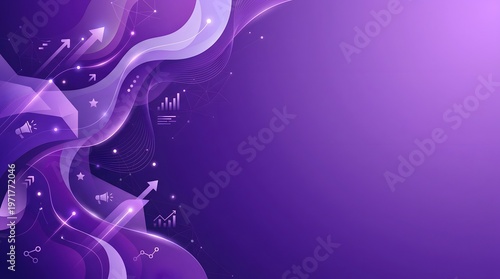 Abstract Purple Technology Background with Flowing Waves, Data Icons and Digital Elements, Futuristic Design with Copy Space