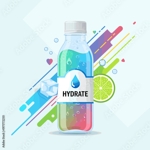 A refreshing bottle of colorful hydrating drink with ice cubes and a slice of lime, set against an abstract background.