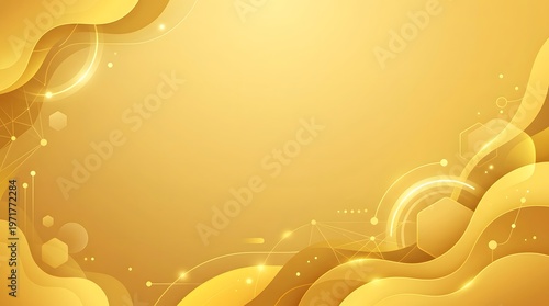 Golden abstract background with layered waves, glowing particles and tech circle elements, elegant luxury design ideal for branding, presentations, fintech visuals and premium digital layouts