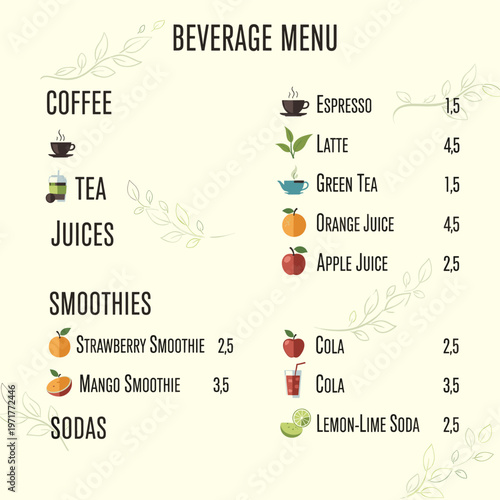 A simple and elegant beverage menu displaying various coffee, tea, juice, smoothie, and soda options with their prices and small illustrative icons.