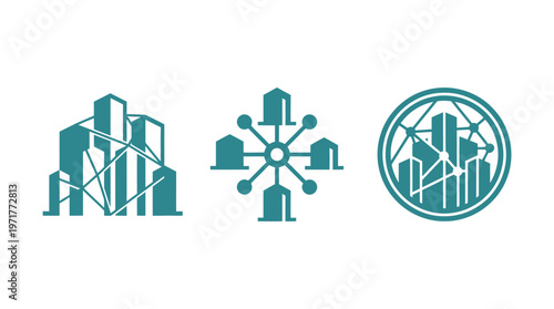 Teal Cityscape Network Icons: Connectivity, Urban Hub, Global Links