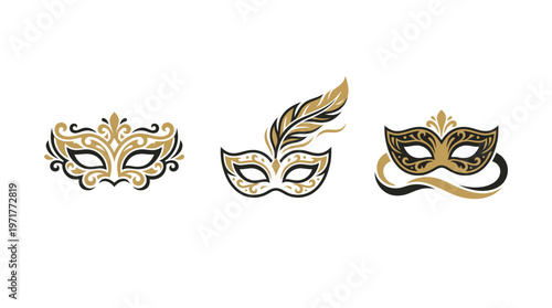 Elegant Venetian Masks Collection: Ornate Masquerade Symbols with Feather and Swirls