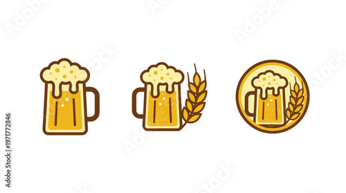 Beer Mug Icon Set with Wheat, Refreshing Golden Ale, Craft Brew Emblem