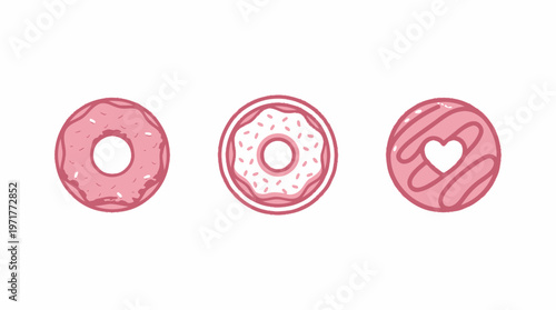 Three Pink Frosted Donuts with Sprinkles and Heart Detail Isolated on White