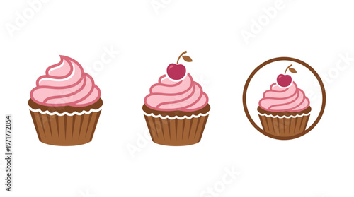 Sweet Cupcake Icons: Pink Frosting, Cherry Topping, and Circle Emblem