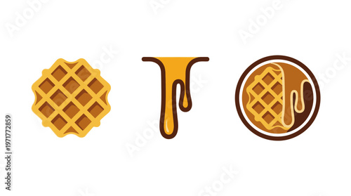 Waffle Icons: Sweet Breakfast Food with Dripping Syrup, Vector Illustration