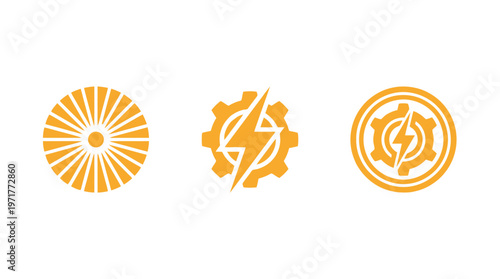 Set of Industrial Icons: Sunburst, Gear with Lightning Bolt, Cogwheel