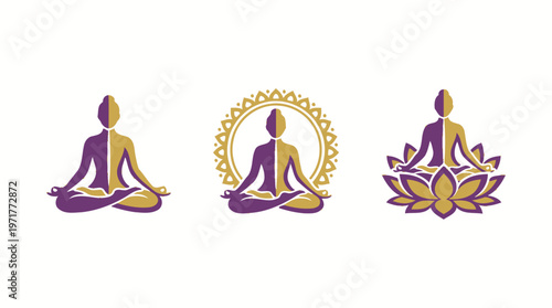 Yoga Meditation Icons: Lotus, Mandala, and Simple Pose in Purple and Gold