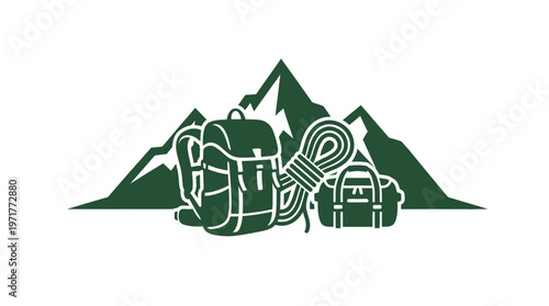 Hiking Backpack, Rope, and Duffel Bag with Mountain Silhouette