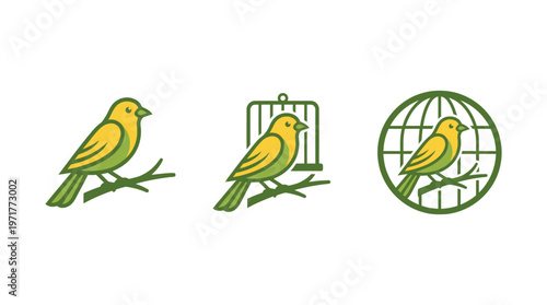 Set of three bird icons: perched, in cage, in globe cage