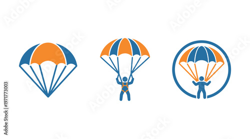 Parachute Jump Icons: Skydiver, Parachute, Circle Emblem - Vector Set
