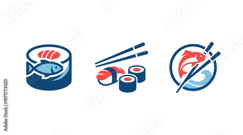 Sushi Icons: Rolls, Nigiri, and Fish with Waves
