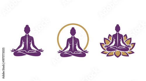 Yoga Meditation Icons: Lotus Pose, Aura Circle, and Flower Symbol