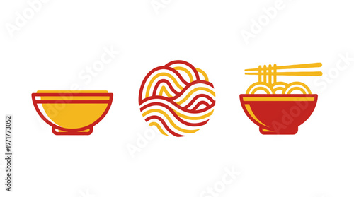 Noodle icon set: empty bowl, swirling noodles, and noodles with chopsticks