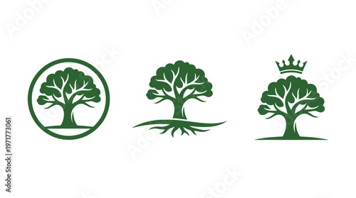 Set of Green Tree Logos with Roots, Crown, and Circle Frame