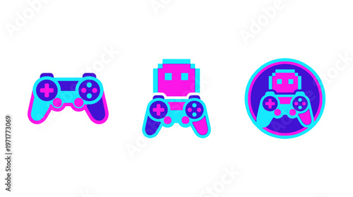 Retro Pixel Art Game Controllers in Neon Pink and Cyan