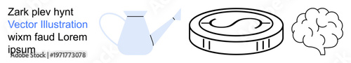 Finance, gardening, creativity, money management, resources, mental health. A watering can, a dollar coin and a brain icon in minimalist design. Finance and gardening concept