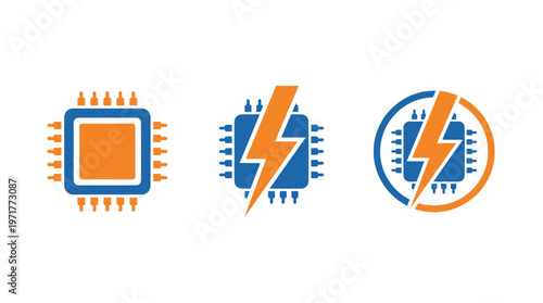 Computer Chip Icons: Microprocessor, Energy Bolt, and Circular Emblem