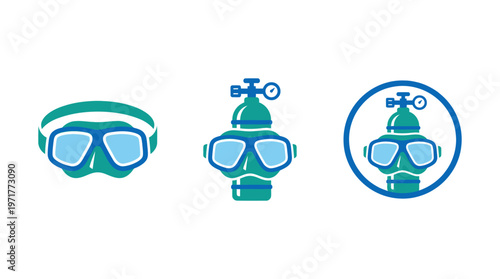 Scuba Diving Gear Icons: Mask, Tank, and Mask in Circle