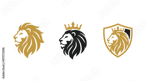 Lion Head Logo Icons Set, Crowned King of Beasts Emblems