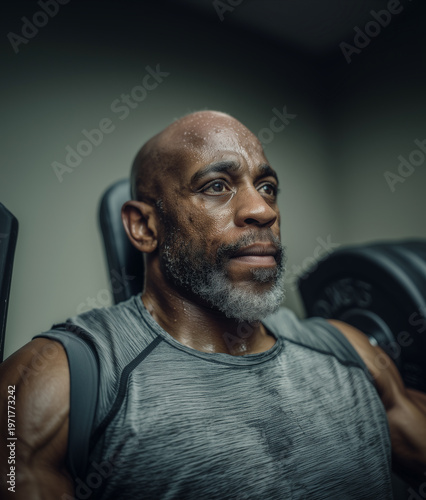 A focused, dark-skinned, elderly, muscular athlete sweating in the gym during an intense workout. It will rub an adult African American engaged in strength training.