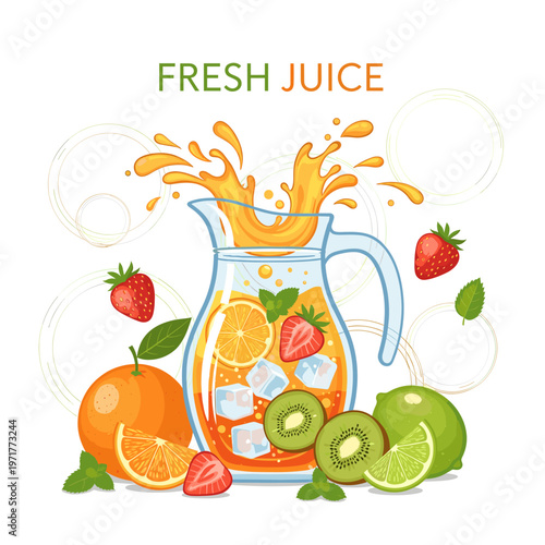 Vibrant illustration of a pitcher filled with fresh orange and mixed fruit juice, ice cubes, and a splash, surrounded by whole and sliced oranges, strawberries, kiwis, and limes, with mint leaves.