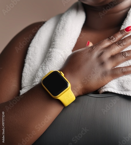 A dark-skinned woman holds her hand on her chest after a workout, with a bright yellow smartwatch on her wrist. A white towel is draped over her shoulders, and sportswear is visible. Close-up.