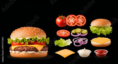 Deconstructed burger a gourmet culinary presentation on a dark background