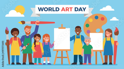 Flat vector illustration of happy diverse artists celebrating World Art Day with paintbrushes, canvases and colorful palette