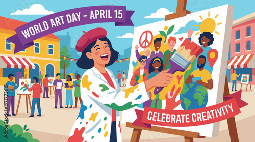 Flat vector illustration of a female artist happily painting on a large canvas during World Art Day