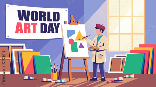 Flat vector artist at work in a bright studio filled with canvases and paint on World Art Day