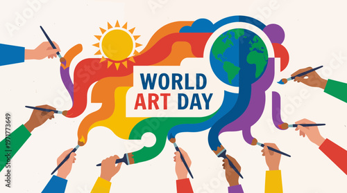 Flat vector illustration of hands holding paintbrushes creating colorful art on World Art Day