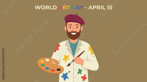 Flat vector portrait of a smiling male artist holding palette and brush for World Art Day