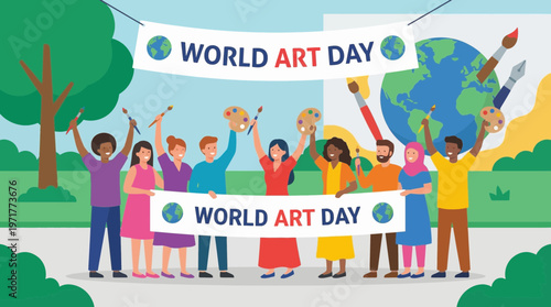 Happy flat vector group of international artists celebrating World Art Day with raised brushes