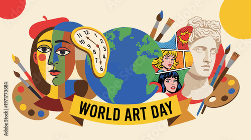Flat vector composition showing different art styles merging together on World Art Day