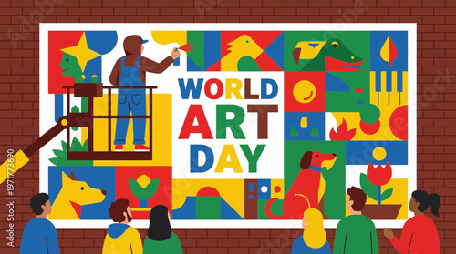 Flat vector street artist painting a colorful mural on a wall for World Art Day
