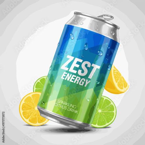 A vibrant illustration of a Zest Energy sparkling citrus drink can with water droplets, surrounded by fresh lemon and lime slices on a light background.