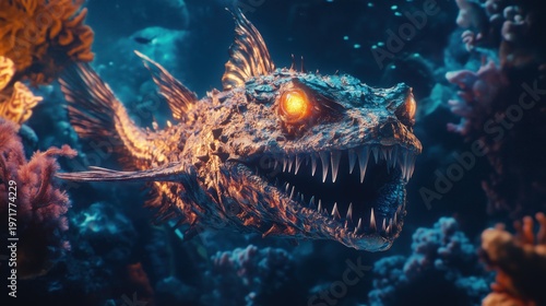 A fantastic predatory fish with fiery eyes and sharp teeth swims among the corals in the depths of the ocean. The atmosphere of mystery and danger in the underwater world.