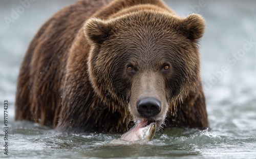 Bear with fish in mouth. Brown bear comes out of water with fish in mouth, moment of successful hunting