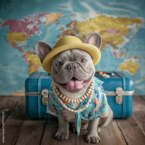 A French bulldog in a straw hat and a Hawaiian shirt. A dog sits by a suitcase on the background of a world map. Shell beads, wooden floor, tourist theme, summer vacation.