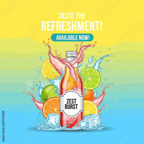 Vibrant illustration of a 'Zest Burst' citrus drink bottle with splashes, ice cubes, and fresh lemons, limes, and oranges, promoting refreshment.
