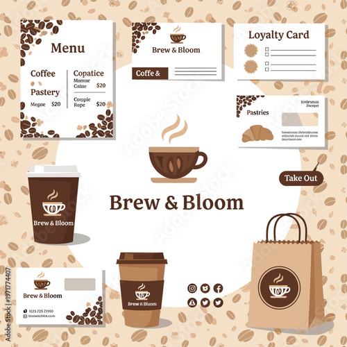 A comprehensive branding set for a coffee shop named Brew & Bloom, featuring menu, loyalty card, business cards, take-out cups, and a paper bag, all adorned with coffee bean motifs.