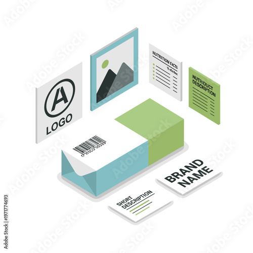 Product packaging design elements including logo, brand name, short description, nutrition facts, and barcode on a box.