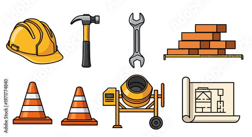 Construction Tools Equipment and Safety Items Cartoon Illustration